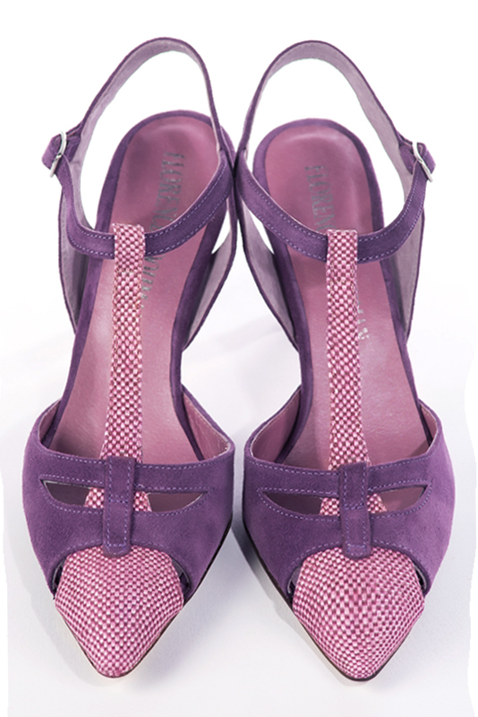Hot pink and amethyst purple women's open back T-strap shoes. Tapered toe. High slim heel. Top view - Florence KOOIJMAN